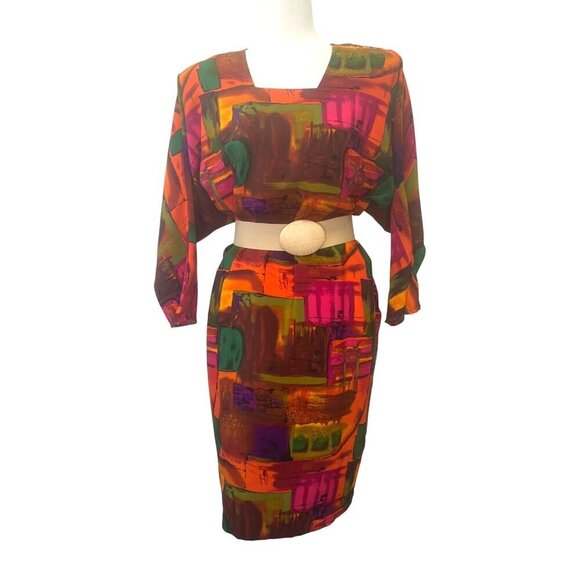 Anthony Mark Hankins Vintage Bright 80s 90s Art Deco Abstract Dress Size 12 - Picture 1 of 8